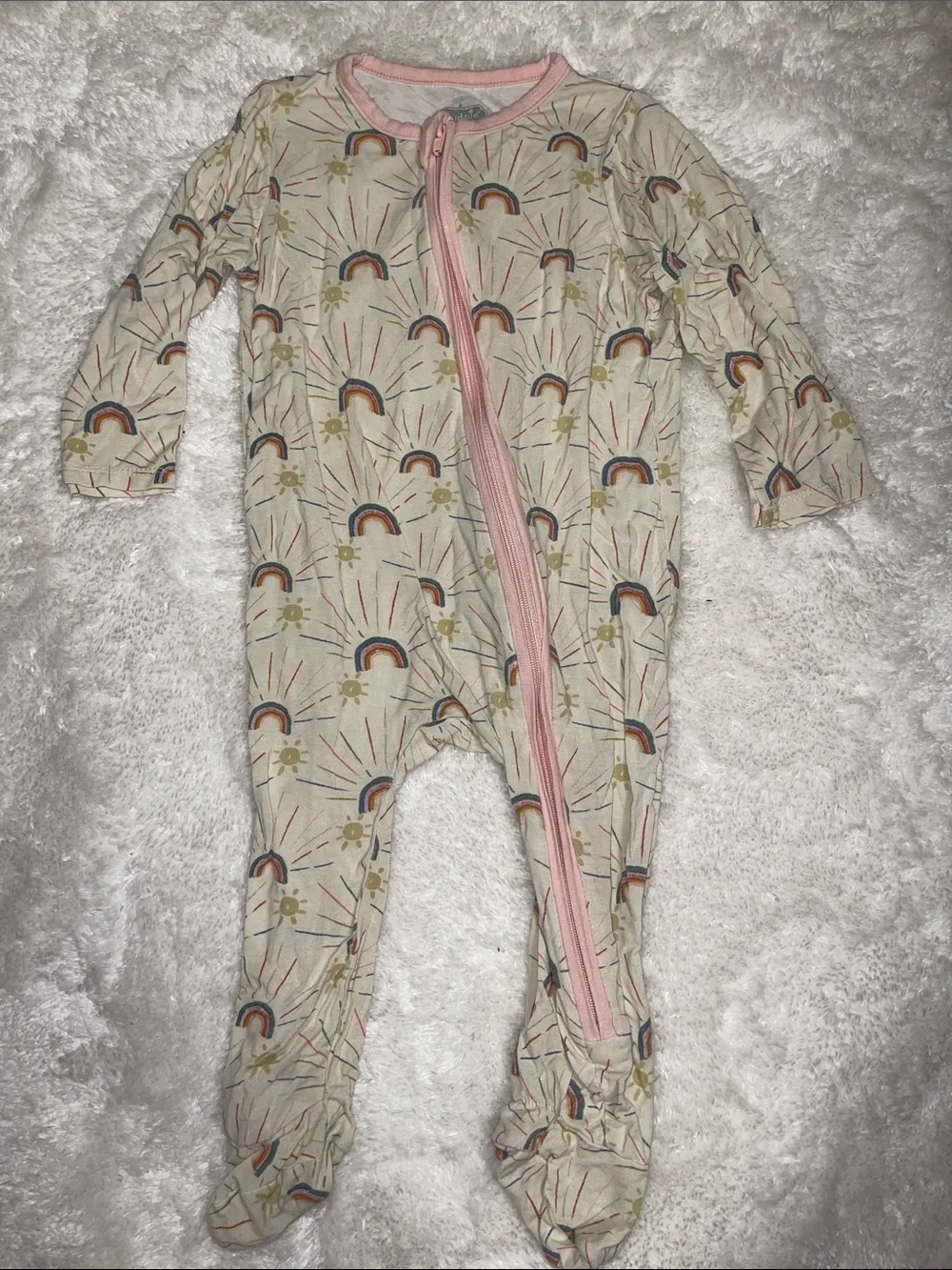 Mud Pie Cream Rainbow & Sun Footed One-Piece with Pink Trim